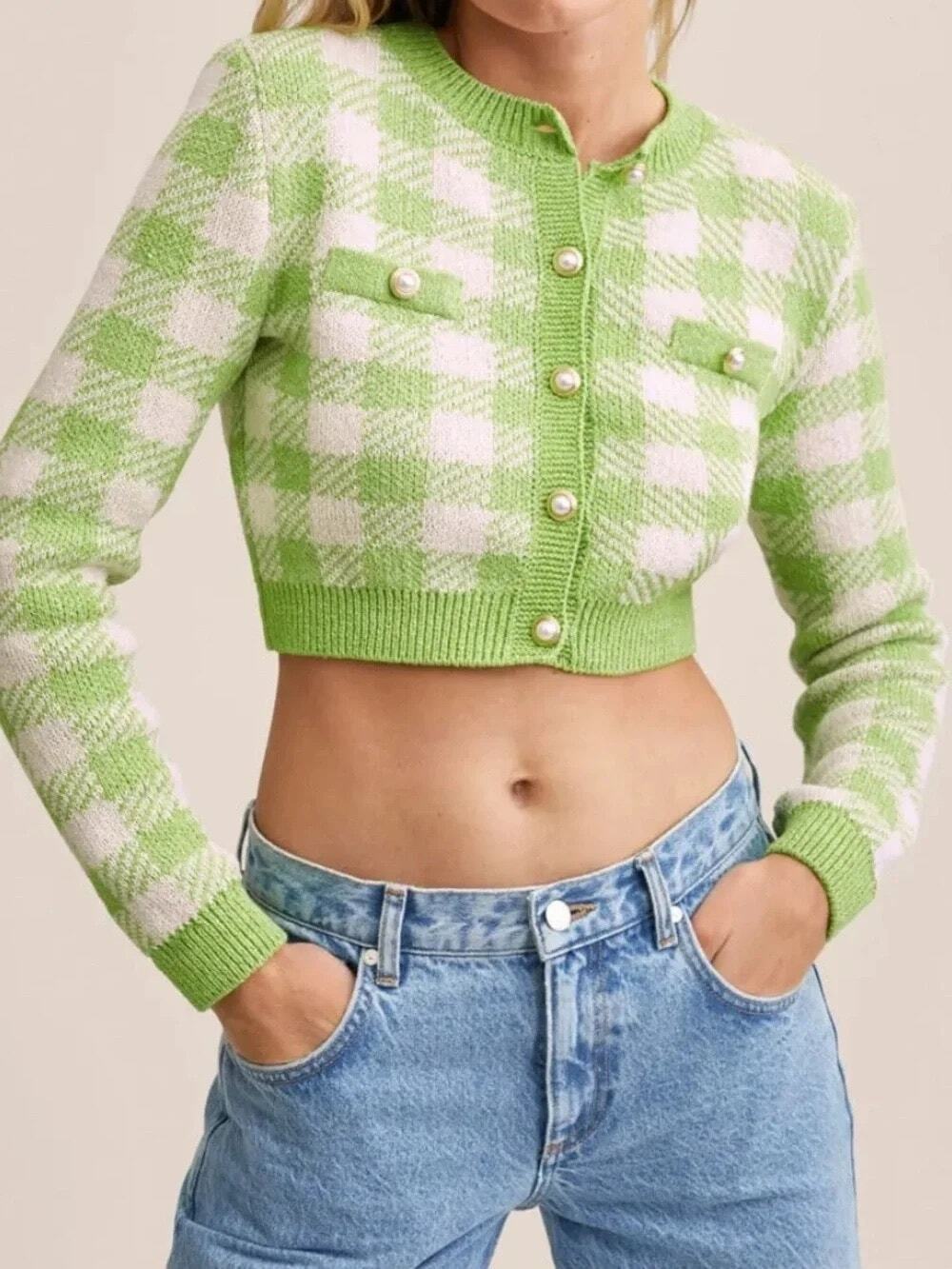 Mango Lime Green Plaid Cropped Knit Cardigan Faux Pearl Buttons M | French Girl